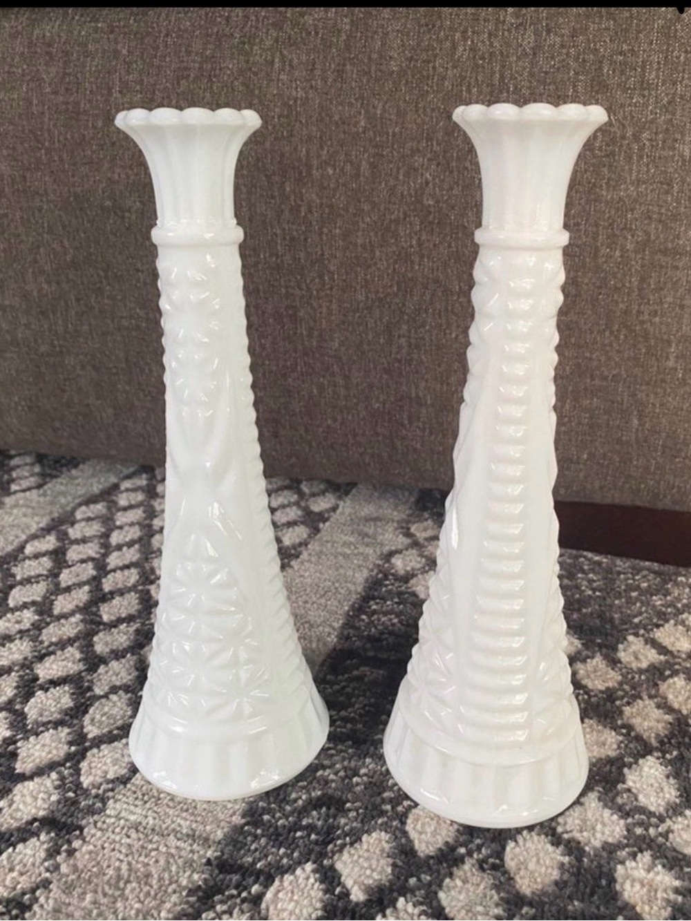 White Decorative Milk Glass Bud Vases - Pair